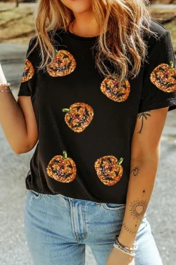 New Dear-Lover Sequin Pumpkin Face Halloween T Shirt Black