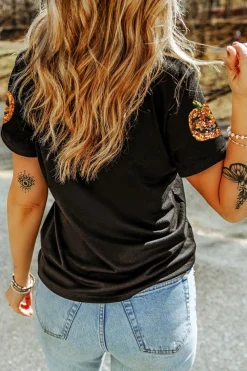 New Dear-Lover Sequin Pumpkin Face Halloween T Shirt Black