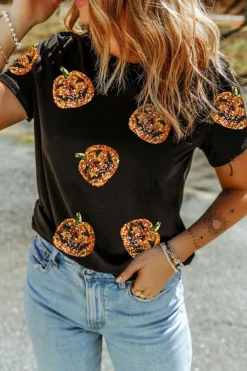 New Dear-Lover Sequin Pumpkin Face Halloween T Shirt Black