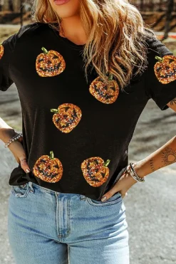 New Dear-Lover Sequin Pumpkin Face Halloween T Shirt Black