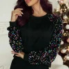 Online Dear-Lover Sequin Raglan Sleeve Crewneck Pullover Sweatshirt Black
