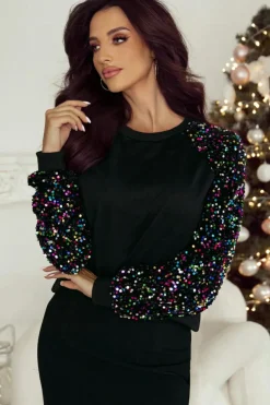 Online Dear-Lover Sequin Raglan Sleeve Crewneck Pullover Sweatshirt Black