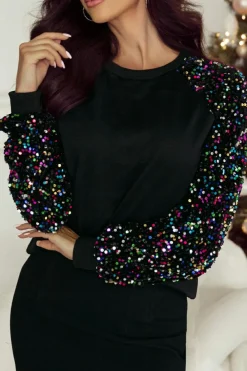 Online Dear-Lover Sequin Raglan Sleeve Crewneck Pullover Sweatshirt Black