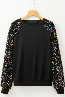Online Dear-Lover Sequin Raglan Sleeve Crewneck Pullover Sweatshirt Black