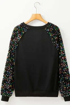 Online Dear-Lover Sequin Raglan Sleeve Crewneck Pullover Sweatshirt Black