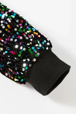 Online Dear-Lover Sequin Raglan Sleeve Crewneck Pullover Sweatshirt Black