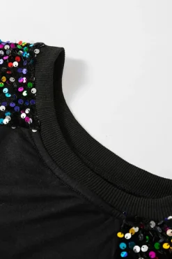 Online Dear-Lover Sequin Raglan Sleeve Crewneck Pullover Sweatshirt Black