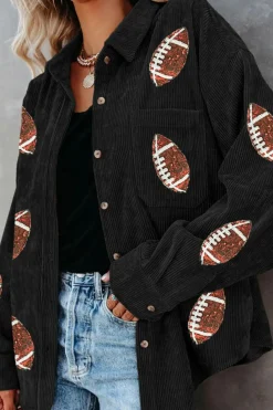 Online Dear-Lover Sequin Rugby Pattern Buttoned Corduroy Shacket Black