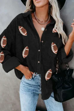 Online Dear-Lover Sequin Rugby Pattern Buttoned Corduroy Shacket Black