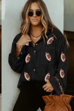 Online Dear-Lover Sequin Rugby Pattern Buttoned Corduroy Shacket Black