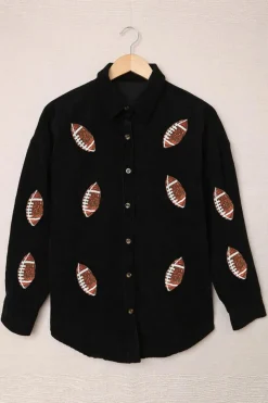 Online Dear-Lover Sequin Rugby Pattern Buttoned Corduroy Shacket Black