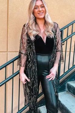 Outlet Dear-Lover Sequin Sheer Long Sleeve Open Front Kimono Black