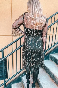 Outlet Dear-Lover Sequin Sheer Long Sleeve Open Front Kimono Black