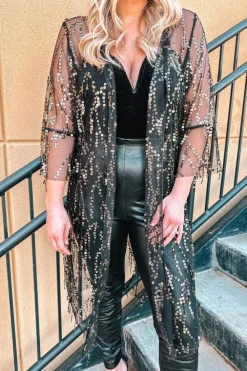 Outlet Dear-Lover Sequin Sheer Long Sleeve Open Front Kimono Black
