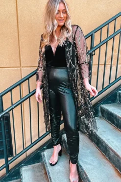 Outlet Dear-Lover Sequin Sheer Long Sleeve Open Front Kimono Black