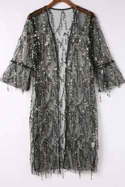 Outlet Dear-Lover Sequin Sheer Long Sleeve Open Front Kimono Black