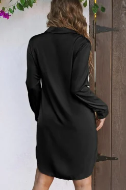 Fashion Dear-Lover Sequin Splicing Pocket Buttoned Shirt Dress Black