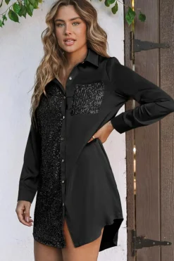 Fashion Dear-Lover Sequin Splicing Pocket Buttoned Shirt Dress Black