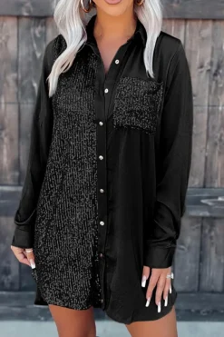 Fashion Dear-Lover Sequin Splicing Pocket Buttoned Shirt Dress Black