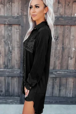 Fashion Dear-Lover Sequin Splicing Pocket Buttoned Shirt Dress Black