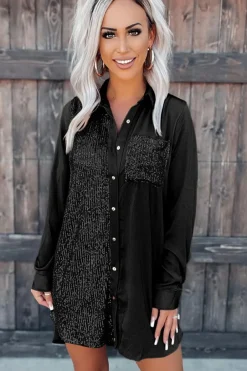 Fashion Dear-Lover Sequin Splicing Pocket Buttoned Shirt Dress Black