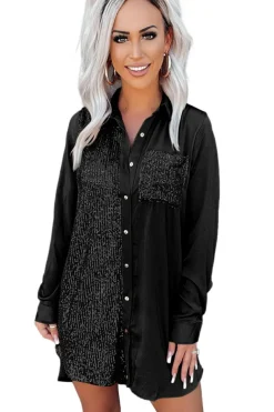 Fashion Dear-Lover Sequin Splicing Pocket Buttoned Shirt Dress Black