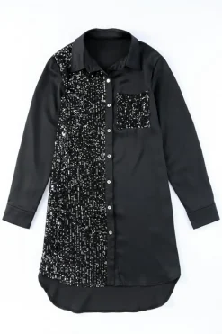 Fashion Dear-Lover Sequin Splicing Pocket Buttoned Shirt Dress Black