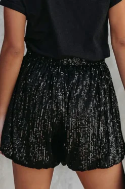 Discount Dear-Lover Sequin Straight Leg High Waist Casual Shorts Black