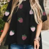 Fashion Dear-Lover Sequin Strawberry Graphic High Low Relaxed Fit Tee Black