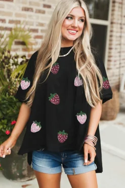 Fashion Dear-Lover Sequin Strawberry Graphic High Low Relaxed Fit Tee Black