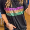Best Dear-Lover Sequin Stripes Patchwork Mardi Gras Crew Neck T Shirt Black