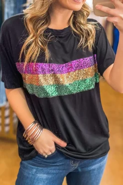 Best Dear-Lover Sequin Stripes Patchwork Mardi Gras Crew Neck T Shirt Black