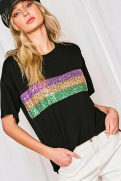 Best Dear-Lover Sequin Stripes Patchwork Mardi Gras Crew Neck T Shirt Black