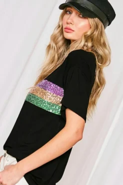 Best Dear-Lover Sequin Stripes Patchwork Mardi Gras Crew Neck T Shirt Black