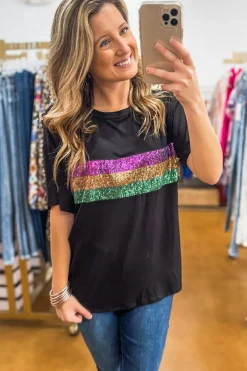Best Dear-Lover Sequin Stripes Patchwork Mardi Gras Crew Neck T Shirt Black