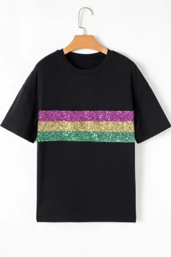 Best Dear-Lover Sequin Stripes Patchwork Mardi Gras Crew Neck T Shirt Black