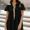 Outlet Dear-Lover Sequin Trim Bubble Sleeve Game Day Shirt Dress Black