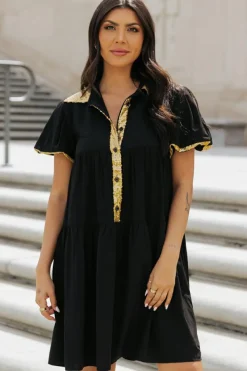 Outlet Dear-Lover Sequin Trim Bubble Sleeve Game Day Shirt Dress Black