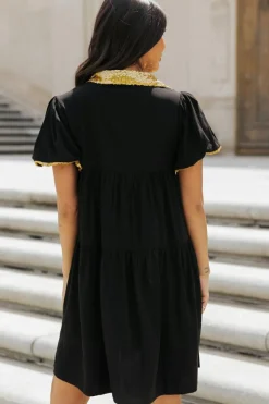 Outlet Dear-Lover Sequin Trim Bubble Sleeve Game Day Shirt Dress Black