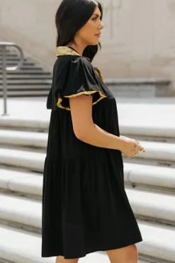 Outlet Dear-Lover Sequin Trim Bubble Sleeve Game Day Shirt Dress Black
