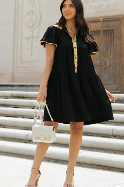 Outlet Dear-Lover Sequin Trim Bubble Sleeve Game Day Shirt Dress Black