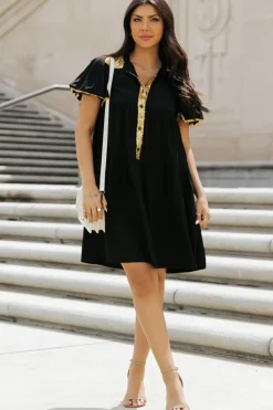Outlet Dear-Lover Sequin Trim Bubble Sleeve Game Day Shirt Dress Black