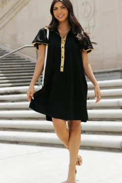 Outlet Dear-Lover Sequin Trim Bubble Sleeve Game Day Shirt Dress Black