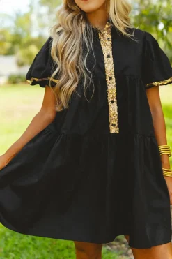 Outlet Dear-Lover Sequin Trim Bubble Sleeve Game Day Shirt Dress Black