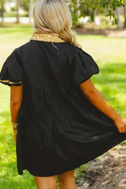 Outlet Dear-Lover Sequin Trim Bubble Sleeve Game Day Shirt Dress Black
