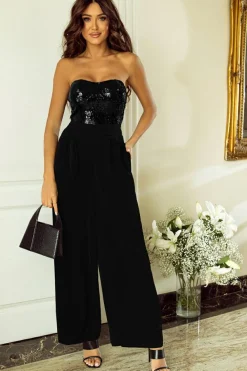 Hot Dear-Lover Sequin Tube Top Wide Leg Jumpsuit Black