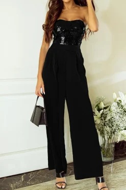Hot Dear-Lover Sequin Tube Top Wide Leg Jumpsuit Black