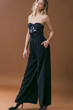 Hot Dear-Lover Sequin Tube Top Wide Leg Jumpsuit Black