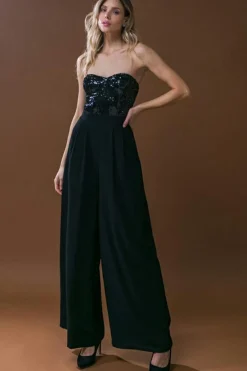 Hot Dear-Lover Sequin Tube Top Wide Leg Jumpsuit Black