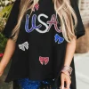 Outlet Dear-Lover Sequin USA Bow Graphic Independence Day T Shirt Black